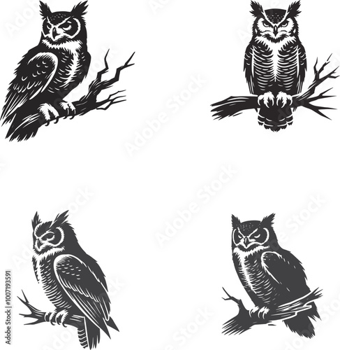 Great Horned Owl Sitting Pose Silhouette | High-Quality Vector Illustration