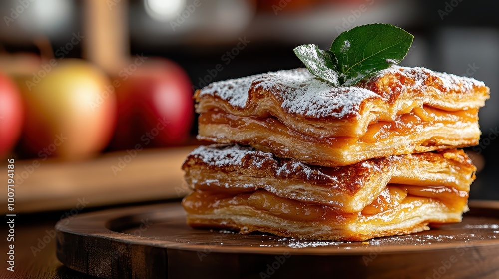 Two stacked apple turnovers with a golden-brown, glossy finish and dusted with powdered sugar, perfectly embodying a sweet and flaky pastry delight. Two stacked apple turnovers with a golden-brown, glossy finish and dusted with powdered sugar, perfectly embodying a sweet and flaky pastry delight.