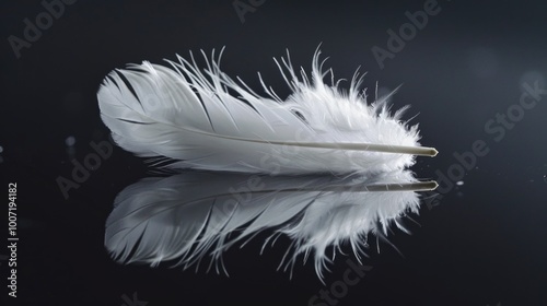 A single white feather lies on a dark or black surface, perfect for representing purity, innocence, or a sense of something being hidden