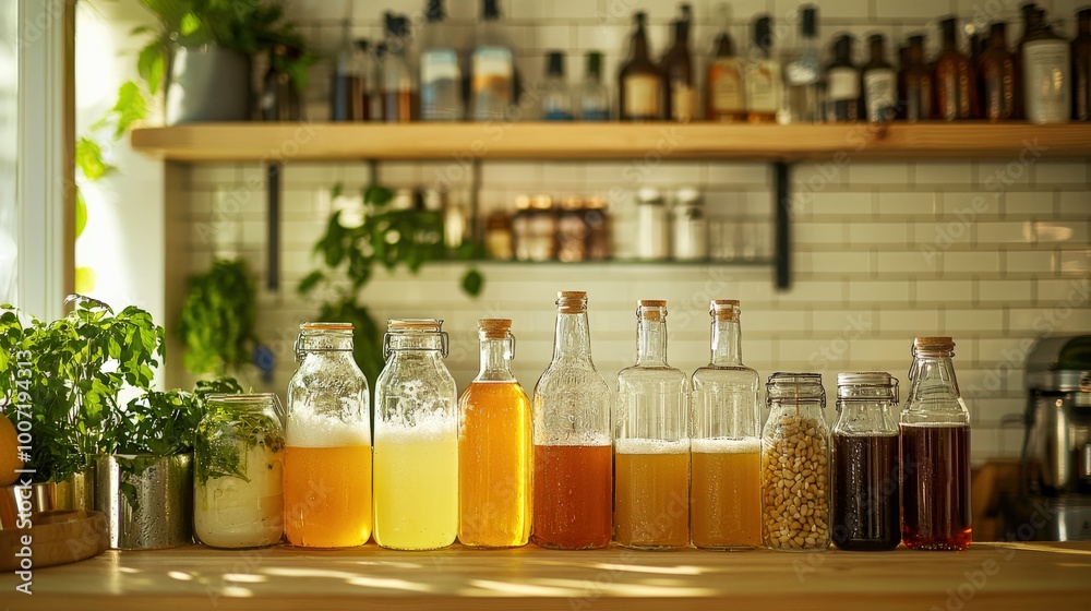 A modern kitchen counter showcasing probiotic sodas, kombucha, and various wellness drinks, all beautifully arranged and ready for enjoyment. This vibrant setup promotes a healthy lifestyle A modern kitchen counter showcasing probiotic sodas, kombucha, and various wellness drinks, all beautifully arranged and ready for enjoyment. This vibrant setup promotes a healthy lifestyle