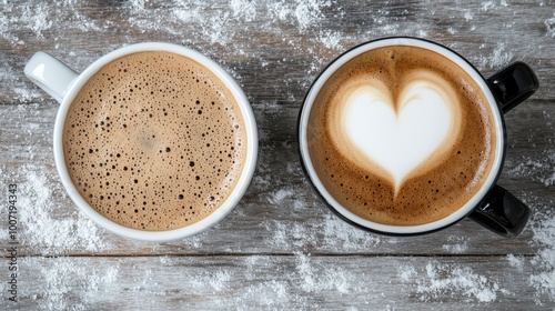 Two coffee cups sit side by side on a wooden surface, each topped with latte art, featuring a heart design, surrounded by a dusting of powder, evoking warmth and connection. photo