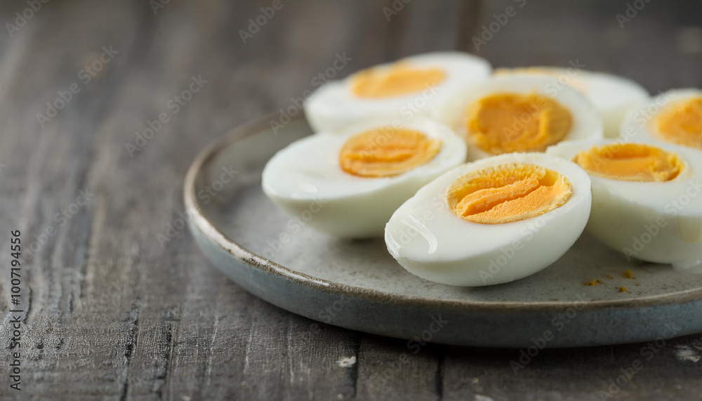 Hard boiled eggs on plate. Delicious food. Tasty meal. Cooking and culinary concept. Hard boiled eggs on plate. Delicious food. Tasty meal. Cooking and culinary concept.