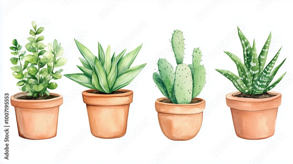 A vibrant display of potted plants including succulents and cacti arranged gracefully on a white background in a contemporary style A vibrant display of potted plants including succulents and cacti arranged gracefully on a white background in a contemporary style