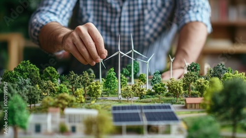 A man's hand adjusting a miniature wind turbine in a model of a green city with trees and solar panels.