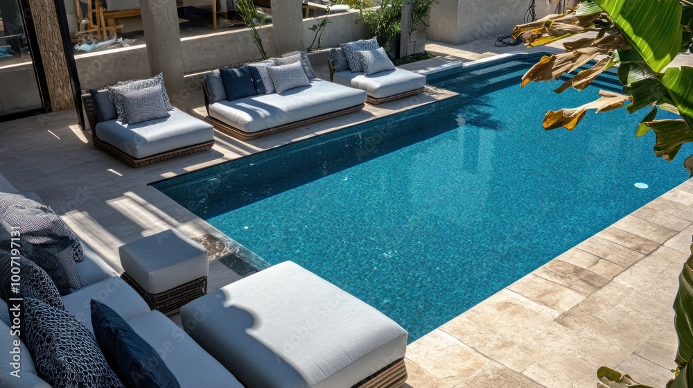 Fototapeta premium Modern poolside patio with blue water and white lounge chairs.