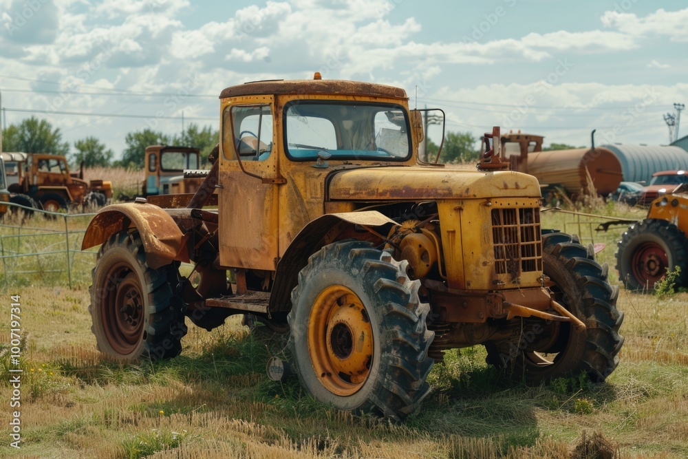 An old yellow tractor sits in a field with overgrown grass and wildflowers An old yellow tractor sits in a field with overgrown grass and wildflowers