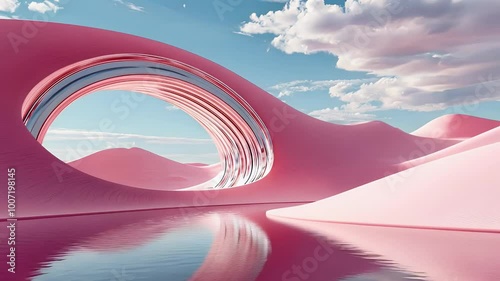 Abstract landscape with pink dunes, a reflective lake and a shiny arch in the sky.