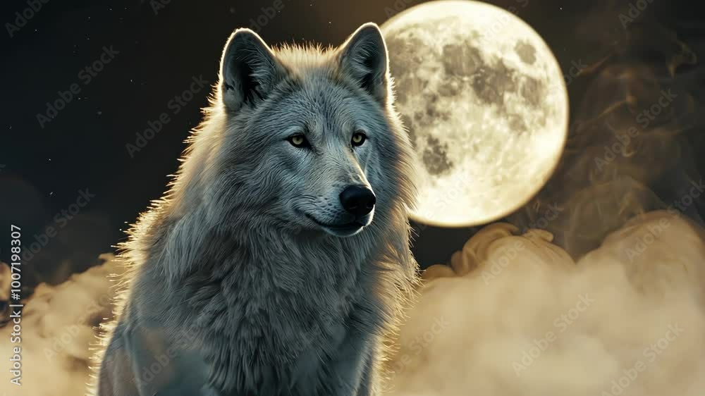 A white wolf stands against a backdrop of clouds and a full moon in the ...