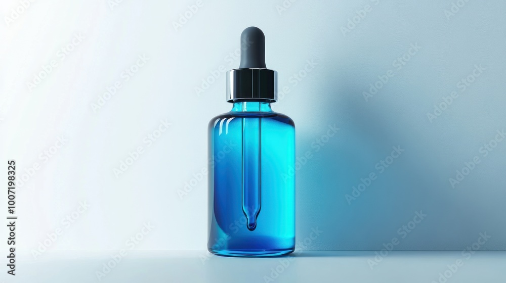 Blue glass dropper bottle with silver cap and a clear dropper on a light blue background.