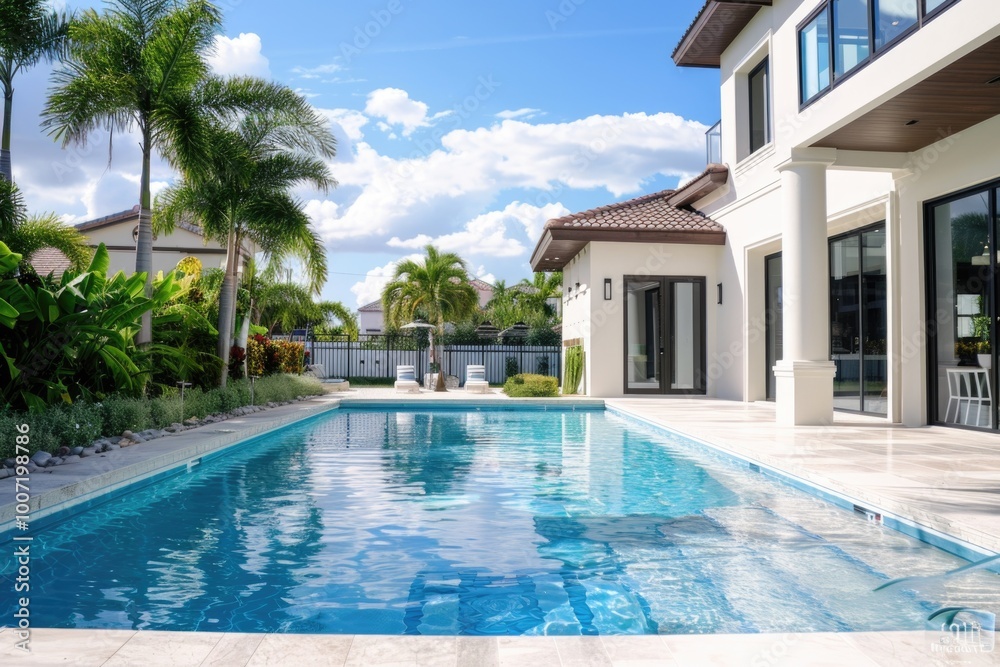 Fototapeta premium A swimming pool surrounded by palm trees in a backyard