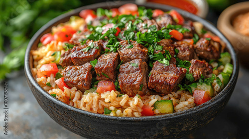 A traditional Saudi Arabian dish of beef kabsa served with flavorful rice, garnished with herbs and cherry tomatoes in a rustic clay bowl