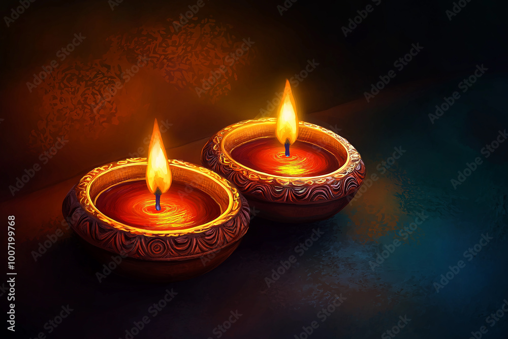 Two traditional Diwali diya lamps glowing in dark setting for festive celebration, religious, or cultural concepts focused on light, tradition, and spirituality Two traditional Diwali diya lamps glowing in dark setting for festive celebration, religious, or cultural concepts focused on light, tradition, and spirituality