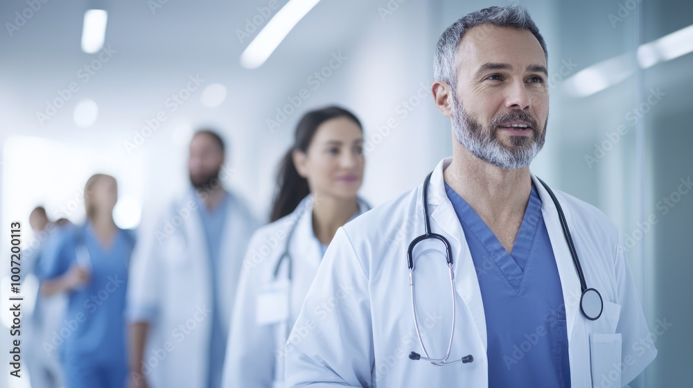 Medical professionals in scrubs walking down a modern hospital corridor. Medical professionals in scrubs walking down a modern hospital corridor.
