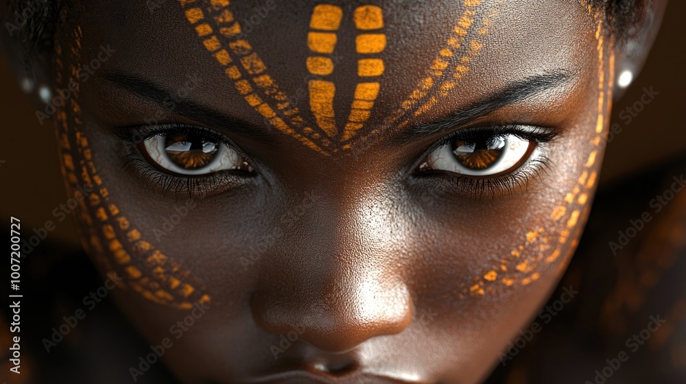 Close-up of a woman's face with tribal makeup, looking directly at the camera. Close-up of a woman's face with tribal makeup, looking directly at the camera.