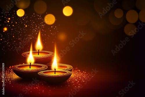 Traditional Diwali diya lamps glowing with festive sunflower decoration in dark background for cultural, religious, or holiday concepts focused on light, tradition, and celebration photo