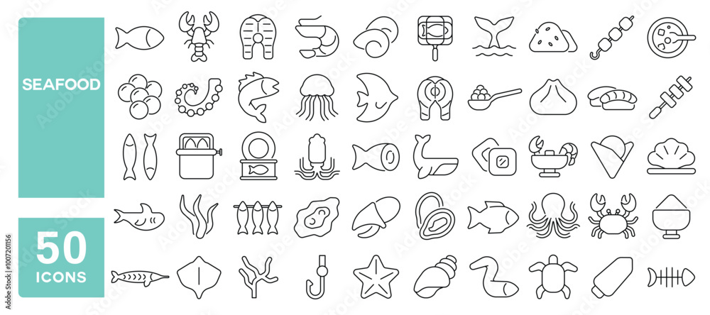 Set of 50 line icons related to seafood, fish, squid, tuna, shark, lobster, fillet, oyster, sushi, octopus, crab, caviar, Editable stroke. Vector illustration Set of 50 line icons related to seafood, fish, squid, tuna, shark, lobster, fillet, oyster, sushi, octopus, crab, caviar, Editable stroke. Vector illustration
