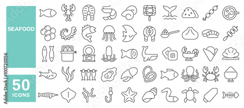 Set of 50 line icons related to seafood, fish, squid, tuna, shark, lobster, fillet, oyster, sushi, octopus, crab, caviar, Editable stroke. Vector illustration