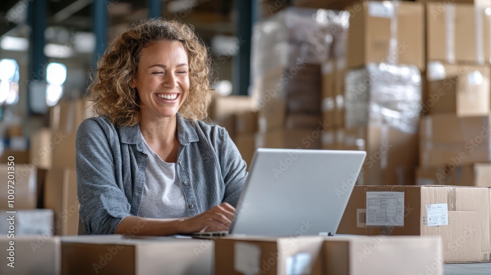 Fototapeta premium Smiling woman using laptop in a warehouse surrounded by cardboard boxes.