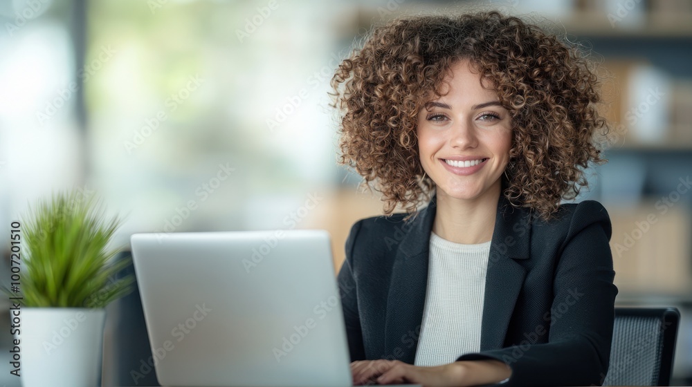 Smiling woman working on laptop in modern office setting. Smiling woman working on laptop in modern office setting.