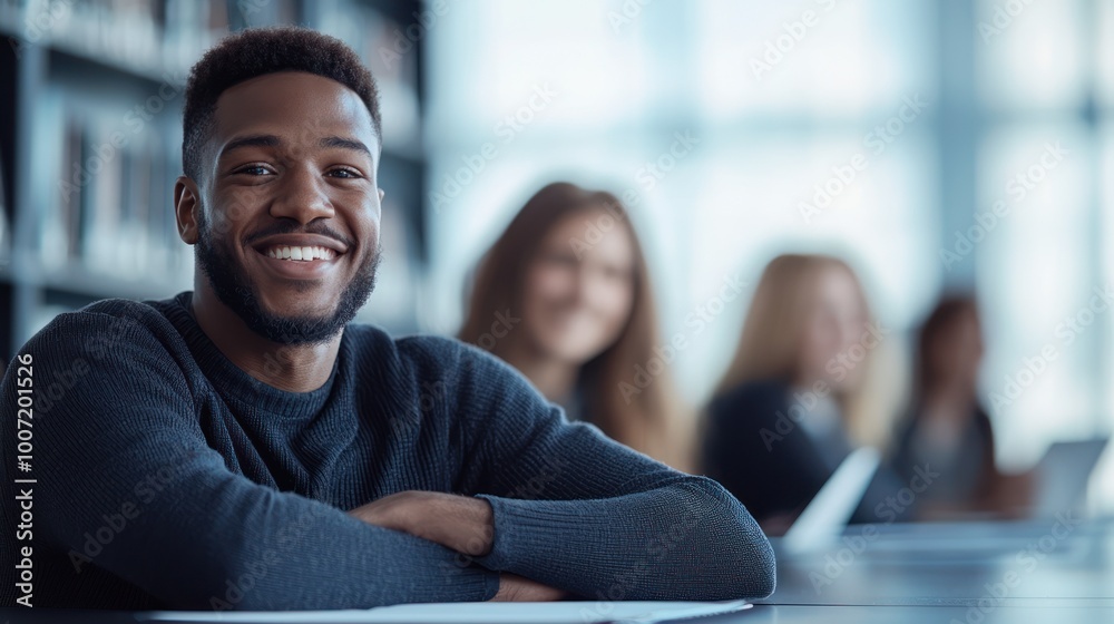 Smiling young man in a modern library, engaging atmosphere with blurred students in the background. Smiling young man in a modern library, engaging atmosphere with blurred students in the background.