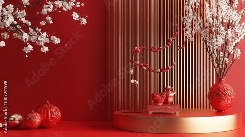 Red and gold platform with floral decor.