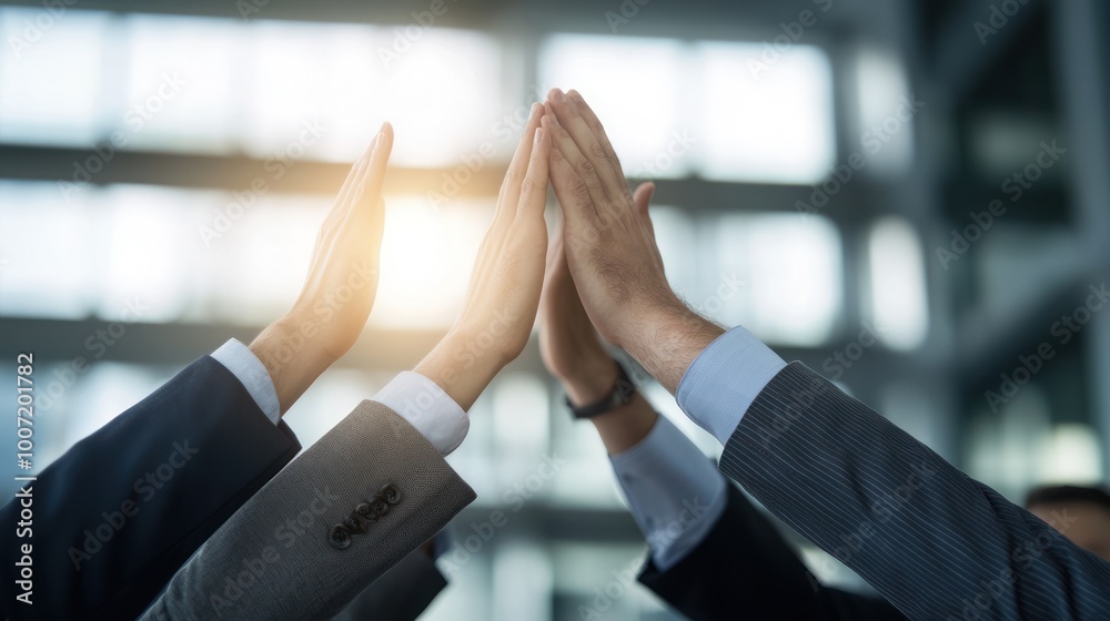 Team members celebrating success with high-five in modern office setting. Team members celebrating success with high-five in modern office setting.