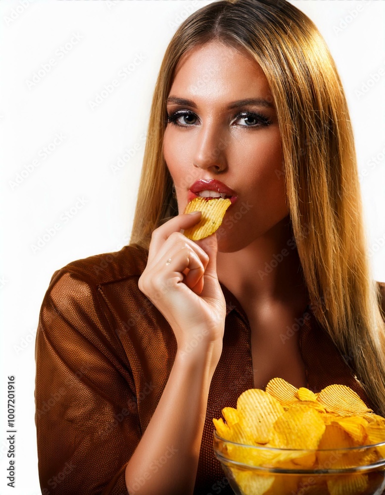 beautiful young woman eating crisps, AI generated beautiful young woman eating crisps, AI generated