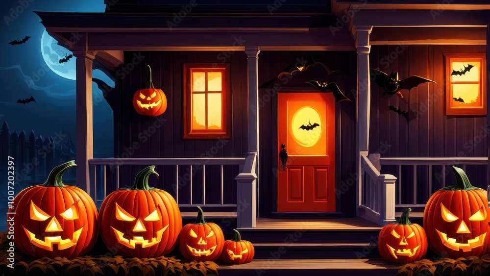 Obraz premium A spooky Halloween scene featuring a haunted house, glowing pumpkins, and flying bats.