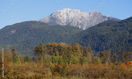 Autumn scenery with first snow on the mountains