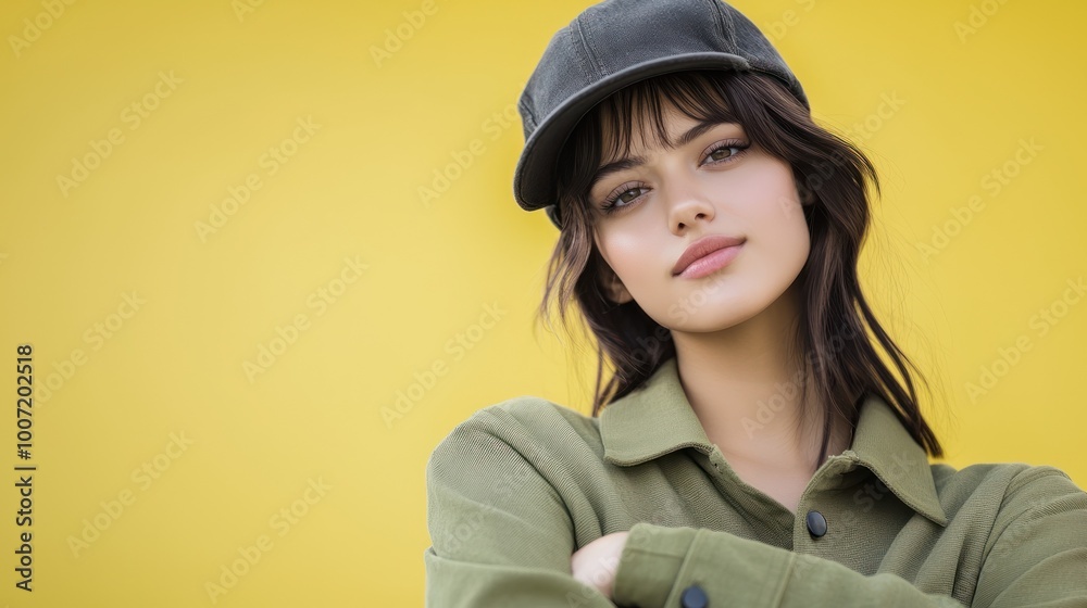 Young woman with a relaxed expression, wearing a cap and sweater against a vibrant yellow backdrop. Young woman with a relaxed expression, wearing a cap and sweater against a vibrant yellow backdrop.