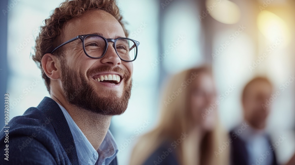 Cheerful man with glasses smiling in a meeting, soft focus background, professional setting. Cheerful man with glasses smiling in a meeting, soft focus background, professional setting.