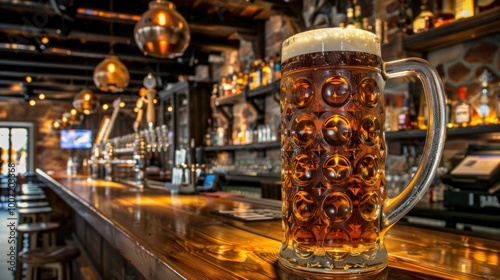 A glass of beer is sitting on a bar counter. Octoberfest celebration, tradition, beer, festival, culture, joy, Germany, gathering, music, heritage, food concept