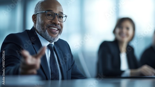 Confident businessman presenting ideas during a meeting with colleagues in a modern office environment.