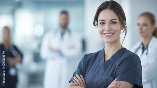 Confident female doctor smiling, wearing scrubs in a modern healthcare setting with colleagues in the background.