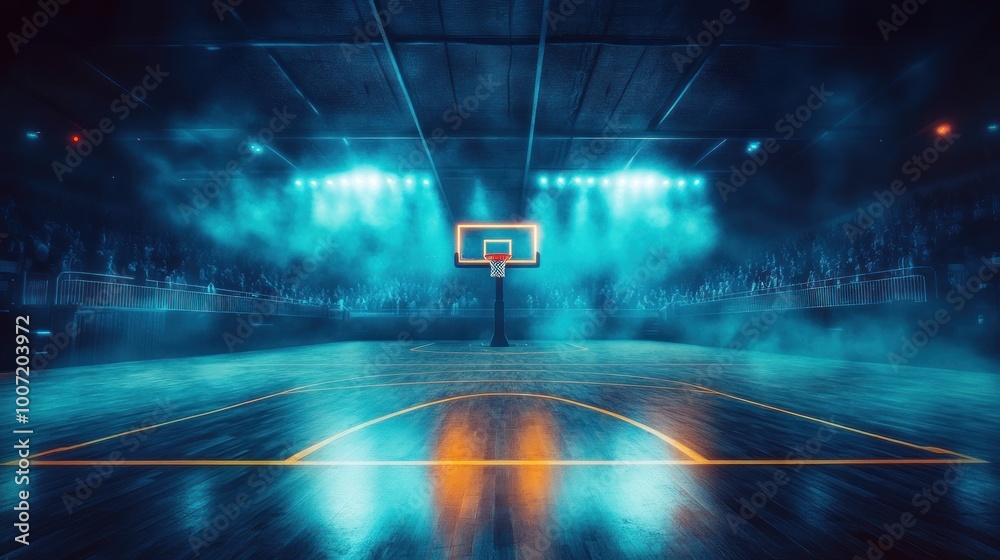 Basketball court with hoop and crowd under blue lighting and smoke. Basketball court with hoop and crowd under blue lighting and smoke.