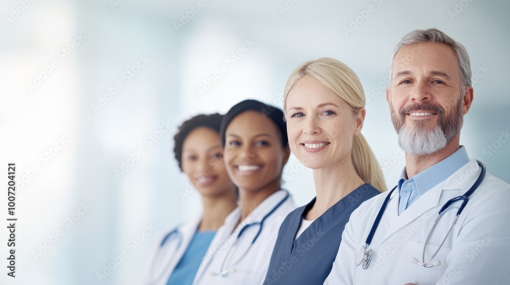 Group of diverse healthcare professionals smiling together in a bright, modern medical office. Group of diverse healthcare professionals smiling together in a bright, modern medical office.