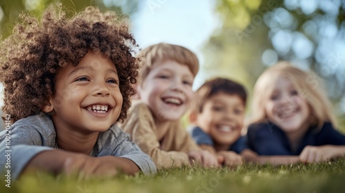 Group of joyful children playing outdoors, smiling and enjoying a sunny day in the park.