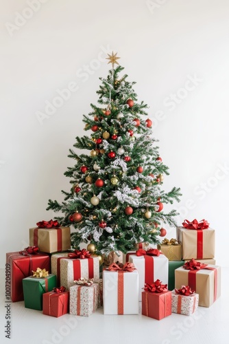 This festive scene features a lush Christmas tree decorated with baubles and a star on top, surrounded by neatly wrapped presents