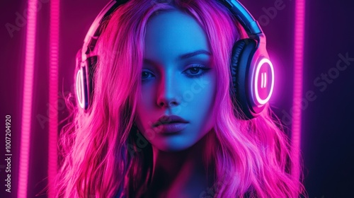 Woman with pink hair and headphones lit by neon lights.