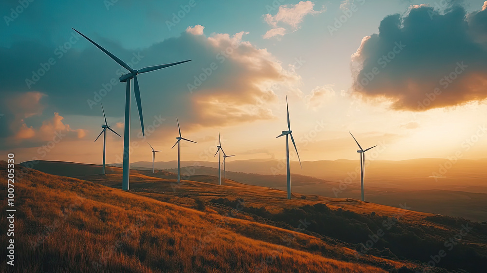 Obraz premium Wind generators in an isolated field at dusk, concept of sustainability and renewable energy.