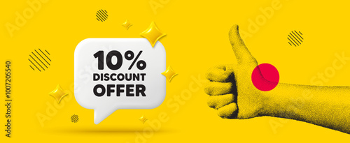 Hand showing thumb up like sign. 10 percent discount tag. Sale offer price sign. Special offer symbol. Discount chat box 3d message. Grain dots hand. Like thumb up sign. Vector