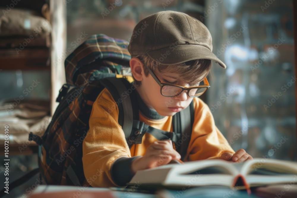 A young boy reads a book while wearing glasses and carrying a backpack, perfect for educational or family themes A young boy reads a book while wearing glasses and carrying a backpack, perfect for educational or family themes