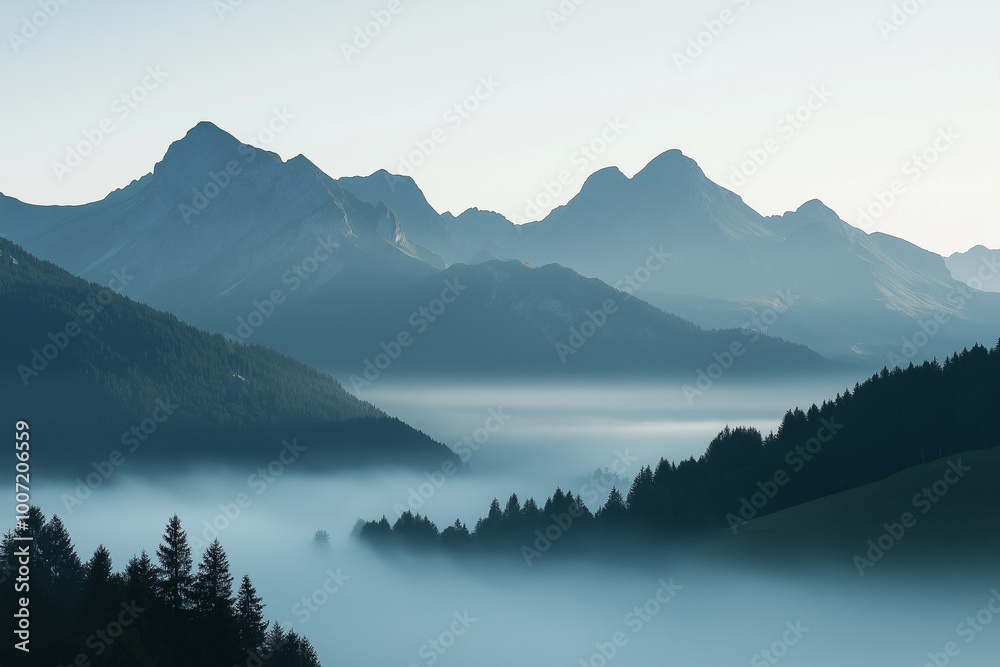 Naklejka premium Misty mountain landscape with layers of trees and fog at sunrise for nature, travel, or scenic concepts focused on beauty, tranquility, and natural landscapes