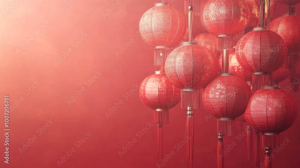 A cluster of red Chinese lanterns hang from the ceiling against a red background, with soft lighting. A cluster of red Chinese lanterns hang from the ceiling against a red background, with soft lighting.