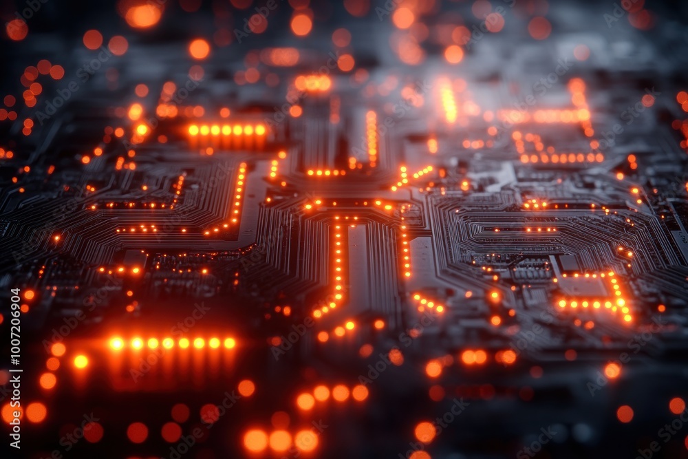 Obraz premium Futuristic server code processing circuit board. Orange, green, and blue technology background with bokeh. 3D illustration.