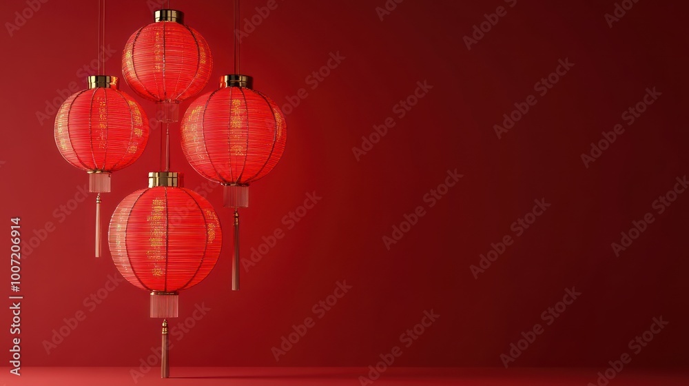 Four red Chinese lanterns hanging against a red background. Four red Chinese lanterns hanging against a red background.