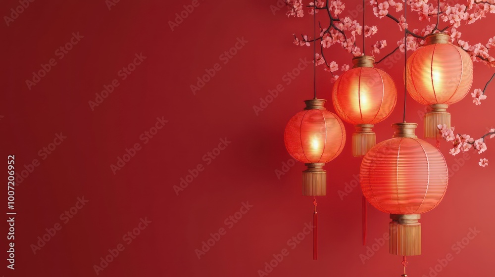 Red Chinese Lanterns Hanging Against a Red Wall with Pink Blossoms. Red Chinese Lanterns Hanging Against a Red Wall with Pink Blossoms.