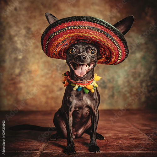 Happy dog ​​ in sombrero, mexican hat. dog  portrait