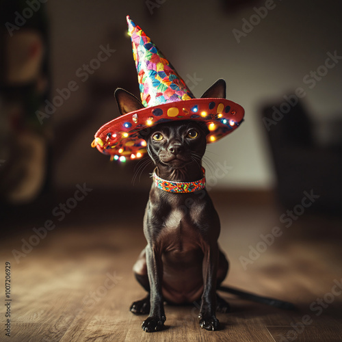Happy dog ​​ in sombrero, mexican hat. dog  portrait