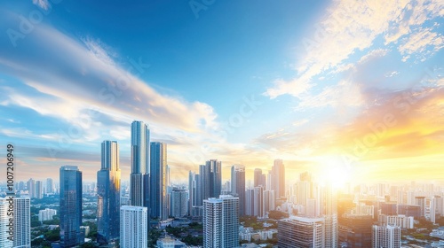 Skyline of a bustling city with tall buildings and a vibrant atmosphere, captured under a bright blue sky